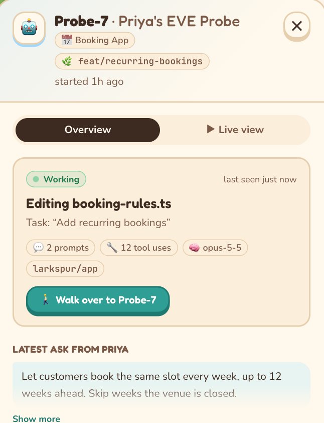Probe-7's card: working, editing booking-rules.ts, with its to-do list