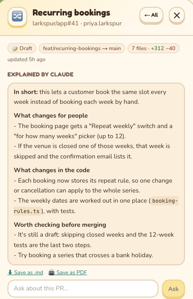 A pull request explained in plain English: what changes for people and what to check
