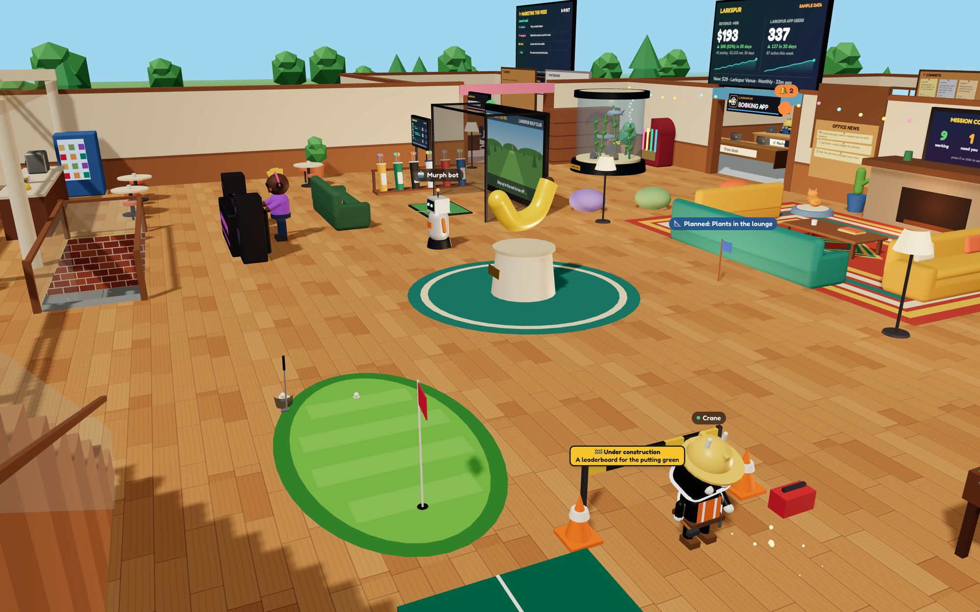The lobby: a DJ booth, a putting green and crew walking about