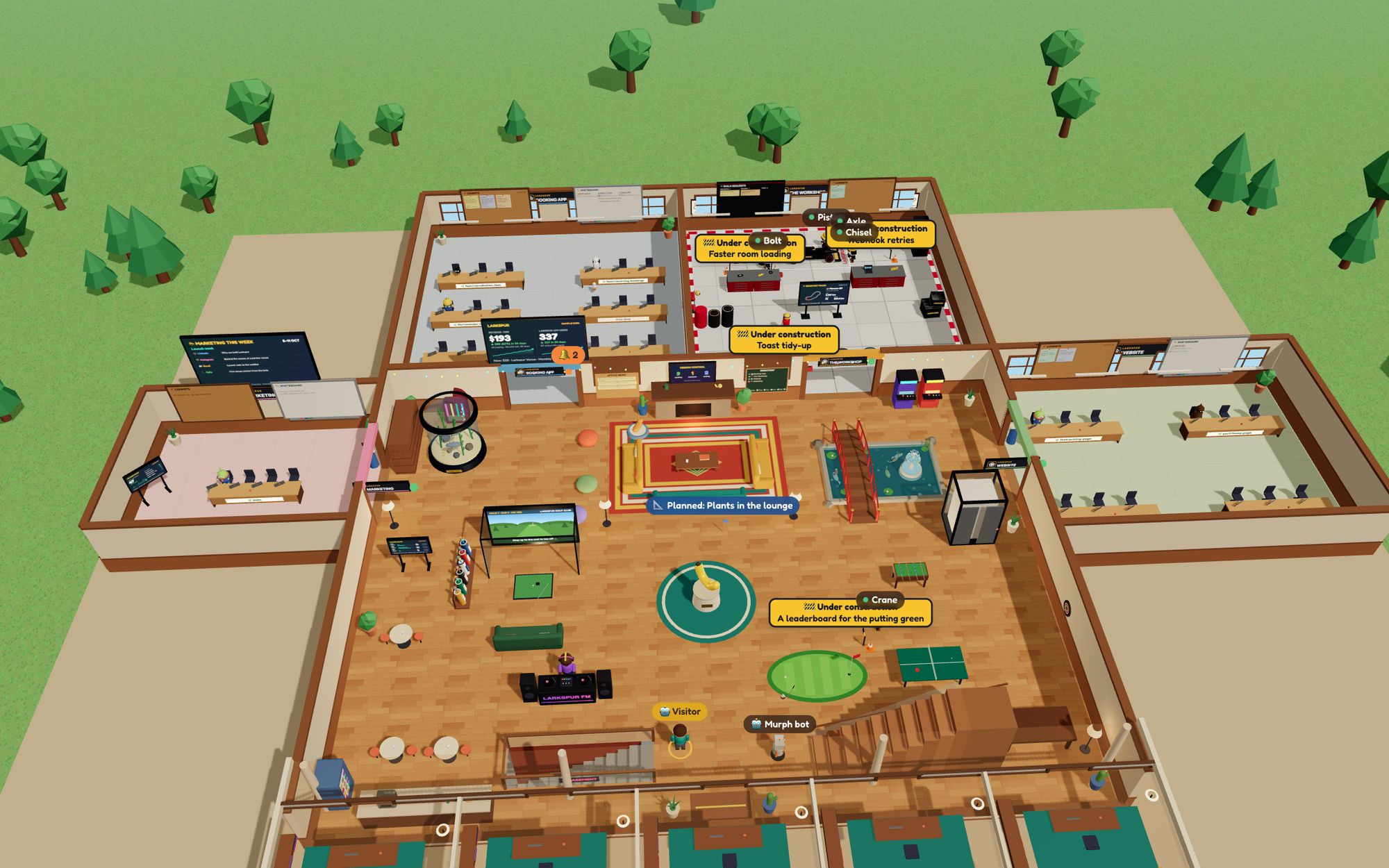 The demo office from above: rooms for each repo round a shared lobby, with crew at desks and walking about
