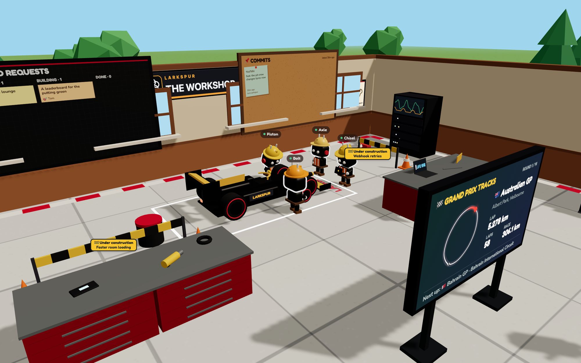 The workshop, a racing-garage room where the pit crew of agents improve the office itself